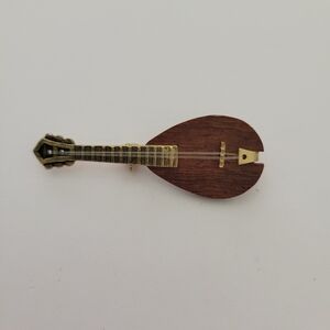 Vntage Mandolin Brooch Pin Wooden Goldtone Musical Instrument Retro Fashion